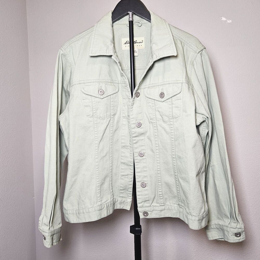 Eddie Bauer Womens L Light Green Denim Jacket Cotton Button Front Casual Trucker